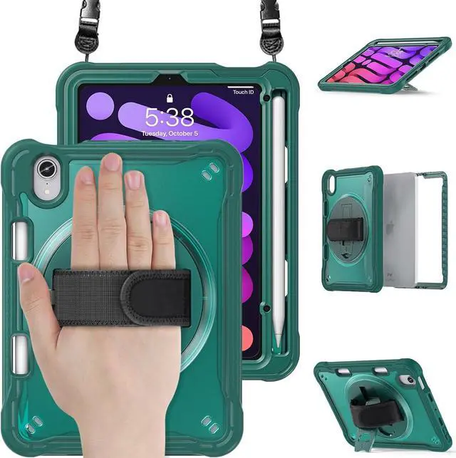 Main image of Case for iPad Mini 6 8.3 Inch 2021 with Pencil Holder Heavy Duty Rugged Shockproof Tablet Cover with 360° Rotating Hand Strap Foldable Hidden Stand & Shoulder Strap, Teal
