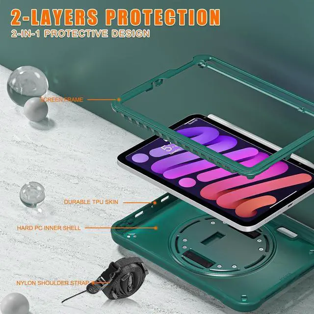 Alt view image 3 of 7 - Case for iPad Mini 6 8.3 Inch 2021 with Pencil Holder Heavy Duty Rugged Shockproof Tablet Cover with 360° Rotating Hand Strap Foldable Hidden Stand & Shoulder Strap, Teal