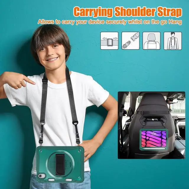 Alt view image 7 of 7 - Case for iPad Mini 6 8.3 Inch 2021 with Pencil Holder Heavy Duty Rugged Shockproof Tablet Cover with 360° Rotating Hand Strap Foldable Hidden Stand & Shoulder Strap, Teal