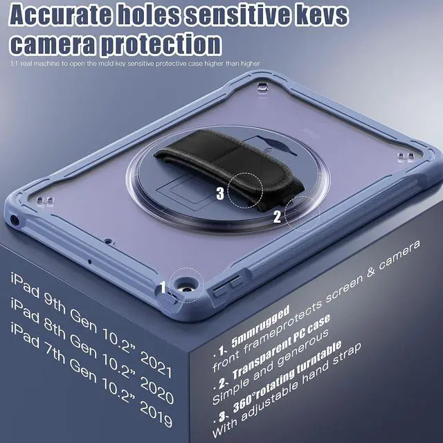 Alt view image 2 of 7 - Case for iPad 10.2 inch 9th / 8th / 7th Generation (2021/2020 / 2019) Heavy Duty Rugged Shockproof Tablet Cover with 360° Rotating Hand Strap Foldable Hidden Stand & Shoulder Strap, Lavender