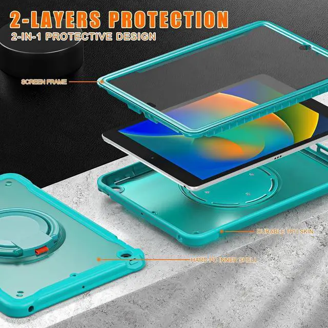 Alt view image 4 of 7 - Ultimate Protection Case for iPad 10.2 Inch 9th / 8th / 7th Generation (2021/2020 / 2019) Sturdy Shockproof Tablet Cover with 360° Rotatable Kickstand & Shoulder Strap/Pencil Holder, Blue