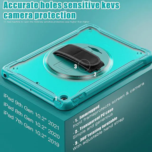 Alt view image 2 of 7 - Case for iPad 10.2 inch 9th / 8th / 7th Generation (2021/2020 / 2019) Heavy Duty Rugged Shockproof Tablet Cover with 360° Rotating Hand Strap Foldable Hidden Stand & Shoulder Strap, Blue