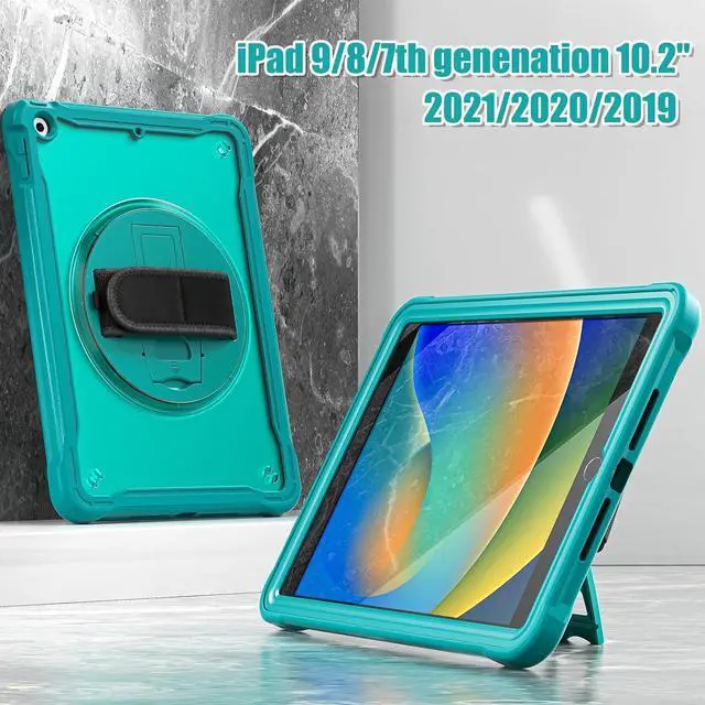 Alt view image 6 of 7 - Case for iPad 10.2 inch 9th / 8th / 7th Generation (2021/2020 / 2019) Heavy Duty Rugged Shockproof Tablet Cover with 360° Rotating Hand Strap Foldable Hidden Stand & Shoulder Strap, Blue
