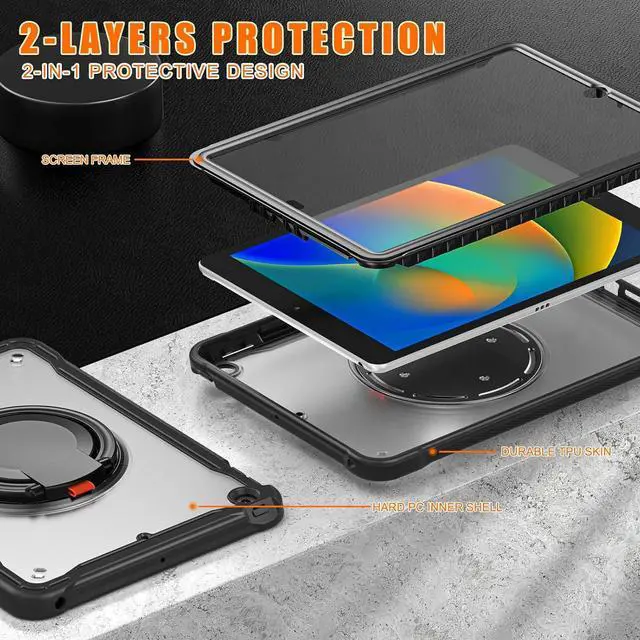 Alt view image 4 of 7 - Ultimate Protection Case for iPad 10.2 Inch 9th / 8th / 7th Generation (2021/2020 / 2019) Sturdy Shockproof Tablet Cover with 360° Rotatable Kickstand & Shoulder Strap/Pencil Holder, Black