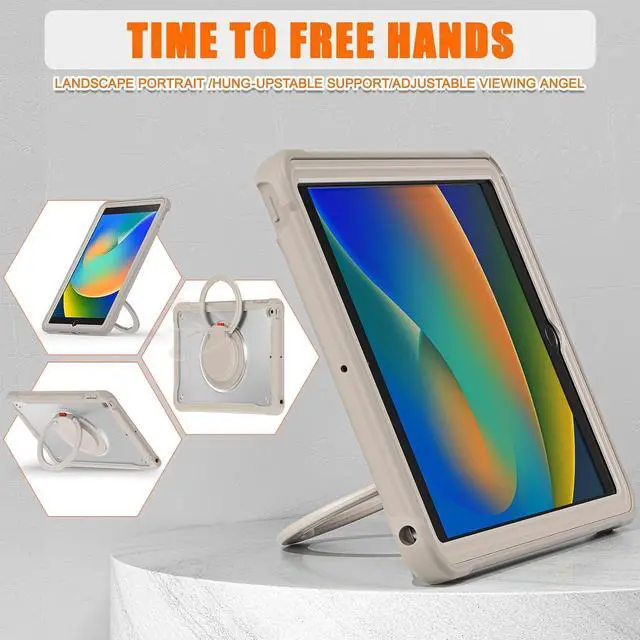 Alt view image 5 of 7 - Ultimate Protection Case for iPad 10.2 Inch 9th / 8th / 7th Generation (2021/2020 / 2019) Sturdy Shockproof Tablet Cover with 360° Rotatable Kickstand & Shoulder Strap/Pencil Holder, Khaki