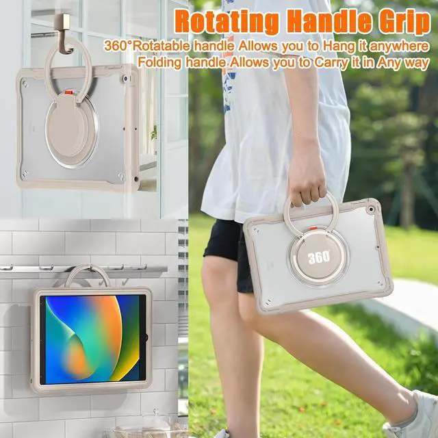 Alt view image 6 of 7 - Ultimate Protection Case for iPad 10.2 Inch 9th / 8th / 7th Generation (2021/2020 / 2019) Sturdy Shockproof Tablet Cover with 360° Rotatable Kickstand & Shoulder Strap/Pencil Holder, Khaki