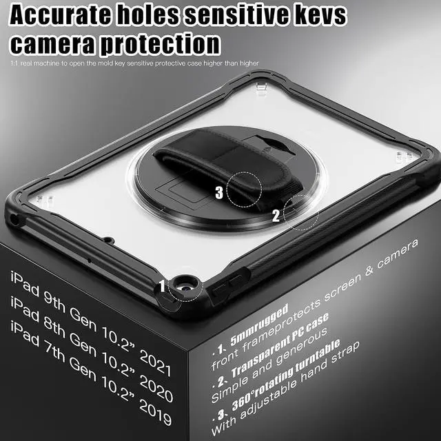 Alt view image 2 of 7 - Case for iPad 10.2 inch 9th / 8th / 7th Generation (2021/2020 / 2019) Heavy Duty Rugged Shockproof Tablet Cover with 360° Rotating Hand Strap Foldable Hidden Stand & Shoulder Strap, Black