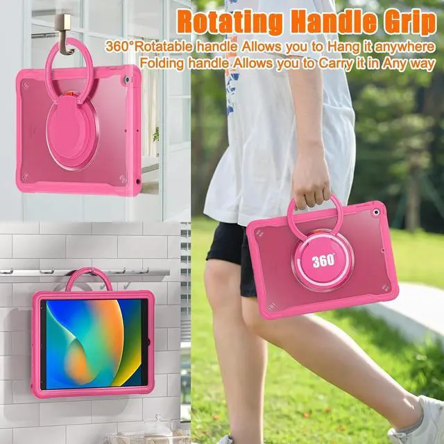Alt view image 6 of 7 - Ultimate Protection Case for iPad 10.2 Inch 9th / 8th / 7th Generation (2021/2020 / 2019) Sturdy Shockproof Tablet Cover with 360° Rotatable Kickstand & Shoulder Strap/Pencil Holder, Pink