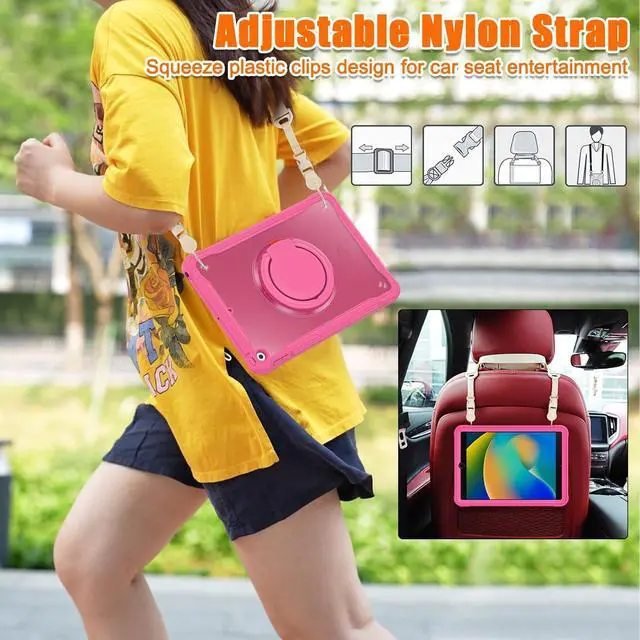Alt view image 7 of 7 - Ultimate Protection Case for iPad 10.2 Inch 9th / 8th / 7th Generation (2021/2020 / 2019) Sturdy Shockproof Tablet Cover with 360° Rotatable Kickstand & Shoulder Strap/Pencil Holder, Pink
