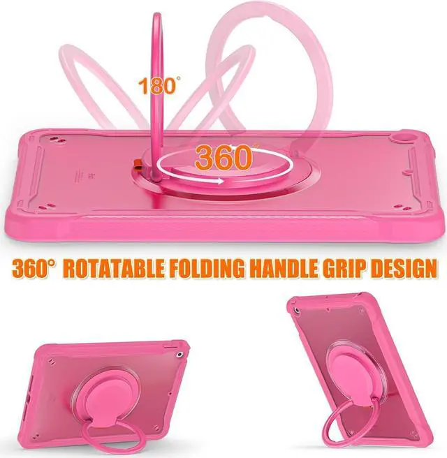 Alt view image 3 of 7 - Ultimate Protection Case for iPad 10.2 Inch 9th / 8th / 7th Generation (2021/2020 / 2019) Sturdy Shockproof Tablet Cover with 360° Rotatable Kickstand & Shoulder Strap/Pencil Holder, Pink