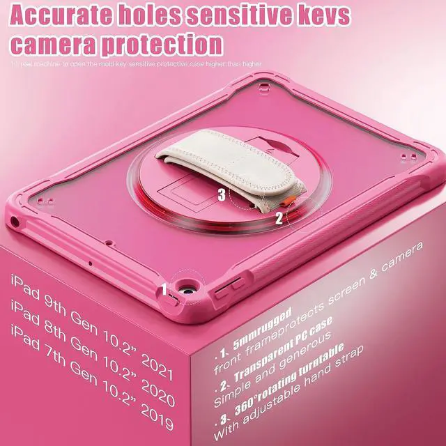 Alt view image 2 of 7 - Case for iPad 10.2 inch 9th / 8th / 7th Generation (2021/2020 / 2019) Heavy Duty Rugged Shockproof Tablet Cover with 360° Rotating Hand Strap Foldable Hidden Stand & Shoulder Strap, Pink