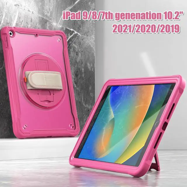Alt view image 6 of 7 - Case for iPad 10.2 inch 9th / 8th / 7th Generation (2021/2020 / 2019) Heavy Duty Rugged Shockproof Tablet Cover with 360° Rotating Hand Strap Foldable Hidden Stand & Shoulder Strap, Pink