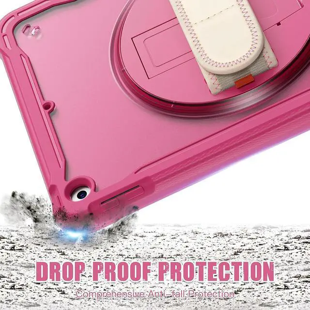 Alt view image 4 of 7 - Case for iPad 10.2 inch 9th / 8th / 7th Generation (2021/2020 / 2019) Heavy Duty Rugged Shockproof Tablet Cover with 360° Rotating Hand Strap Foldable Hidden Stand & Shoulder Strap, Pink