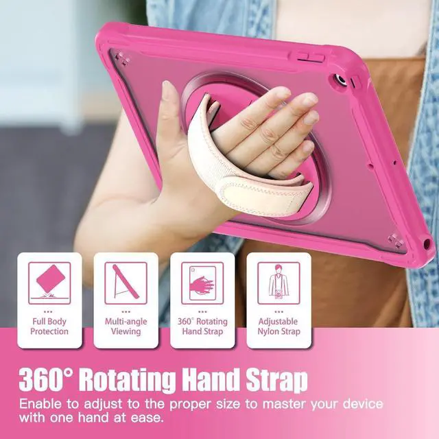 Alt view image 5 of 7 - Case for iPad 10.2 inch 9th / 8th / 7th Generation (2021/2020 / 2019) Heavy Duty Rugged Shockproof Tablet Cover with 360° Rotating Hand Strap Foldable Hidden Stand & Shoulder Strap, Pink
