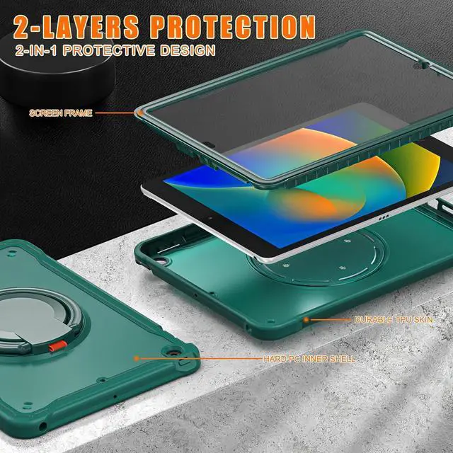 Alt view image 4 of 7 - Ultimate Protection Case for iPad 10.2 Inch 9th / 8th / 7th Generation (2021/2020 / 2019) Sturdy Shockproof Tablet Cover with 360° Rotatable Kickstand & Shoulder Strap/Pencil Holder, Teal