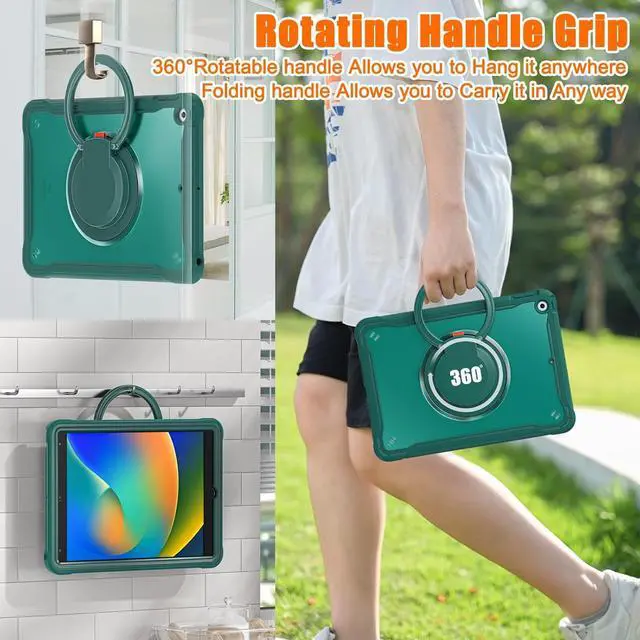 Alt view image 6 of 7 - Ultimate Protection Case for iPad 10.2 Inch 9th / 8th / 7th Generation (2021/2020 / 2019) Sturdy Shockproof Tablet Cover with 360° Rotatable Kickstand & Shoulder Strap/Pencil Holder, Teal