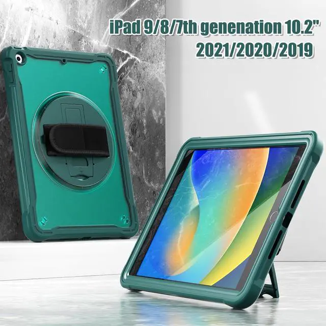 Alt view image 6 of 7 - Case for iPad 10.2 inch 9th / 8th / 7th Generation (2021/2020 / 2019) Heavy Duty Rugged Shockproof Tablet Cover with 360° Rotating Hand Strap Foldable Hidden Stand & Shoulder Strap, Teal