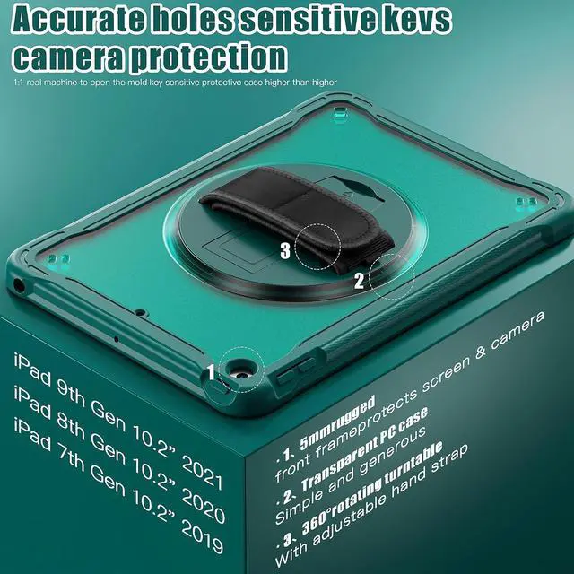 Alt view image 2 of 7 - Case for iPad 10.2 inch 9th / 8th / 7th Generation (2021/2020 / 2019) Heavy Duty Rugged Shockproof Tablet Cover with 360° Rotating Hand Strap Foldable Hidden Stand & Shoulder Strap, Teal