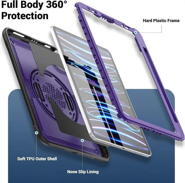 Alt view image 2 of 7 - Case for iPad Air 5 (2022) M1 Chip/iPad Air 4th 2020 10.9 inch Multilayered Rugged Durable Shockproof Tablet Cover with 360° Rotating Hand Strap Foldable Hidden Stand, Purple