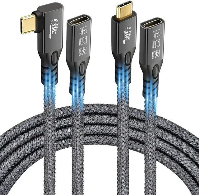 Main image of 20Gbps/240W/USB C 3.2 Gen2 Extension Cable 2Pack M/F(90 Degree 1.6ft+Straight 1.6ft),4K@60Hz Video and Audio Output Cord,48V/5A USB C Male Cable,Suport Thunderbolt 3 for MacBook Pro,Monitor