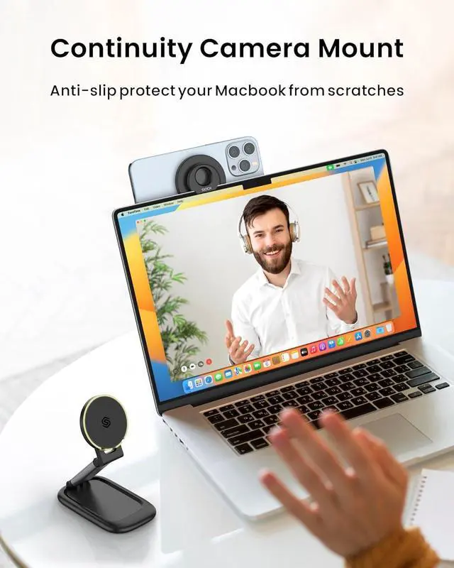 Alt view image 2 of 7 - Continuity Camera Mount for MacBook, Foldable iPhone Webcam Mount, Magnetic Phone Holder Compatible with iPhone 16/15/14/13/12 Series,MacBook OS Ventura,Facetime- Black