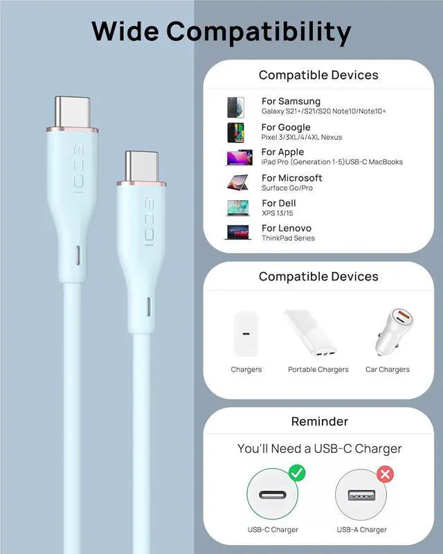 Alt view image 6 of 7 - USB C Cable,100W Flow USB C Cable, Silicone Type C Charger Fast Charging for iPhone 16 Series, MacBook Pro 2020 and More (USB 2.0, 6FT, Blue)