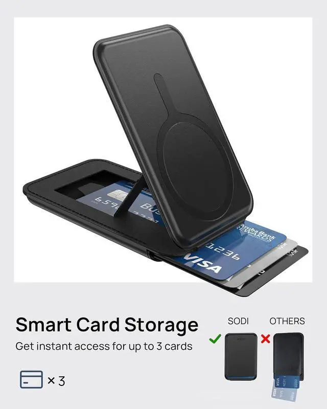 Alt view image 5 of 7 - Magnetic Card Holder, Ultra-Thin PU Leather Mag-safe Wallet Stand with N52 Magnets, Fit3 Cards,Compatible with iPhone 16/15/14/13/12 Pro/Promax, Black