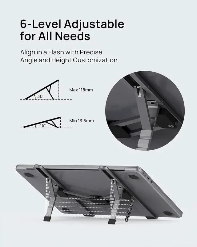 Alt view image 3 of 7 - Foldable Laptop Stand for Desk, 6-Levels Height Adjustment Portable Laptop Holder Riser, Ergonomic Aluminum Computer Stand for 10-15.6" Laptop and Tablet,Black