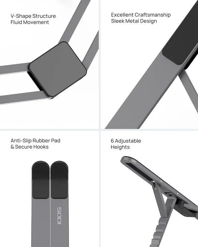Alt view image 5 of 7 - Foldable Laptop Stand for Desk, 6-Levels Height Adjustment Portable Laptop Holder Riser, Ergonomic Aluminum Computer Stand for 10-15.6" Laptop and Tablet,Black