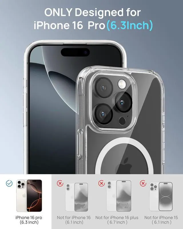 Alt view image 2 of 7 - 3 in 1 Magnetic Phone Case Designed for iPhone 16 Pro with 1X Screen Protector & 1X Camera Lens Protector, Military-Grade Protection Phone Case Compatible with MagSafe [Not-Yellowing],Clear