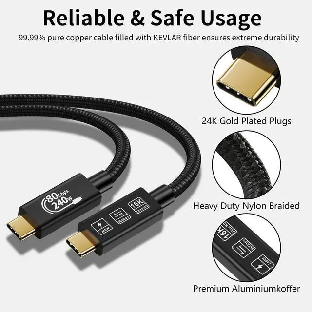 Alt view image 6 of 7 - USB4 Cable, with Thunderbolt 5 Cable, 240 W Charging Cable, 80 Gbps Data Cable, gen4 cable,16K@60Hz 4K120Hz HDR, USB C to USB C Cable, for Hub, Dock, M2, M3, SSD, Laptops, Monitor (TB5 80G 240W 0.5M)