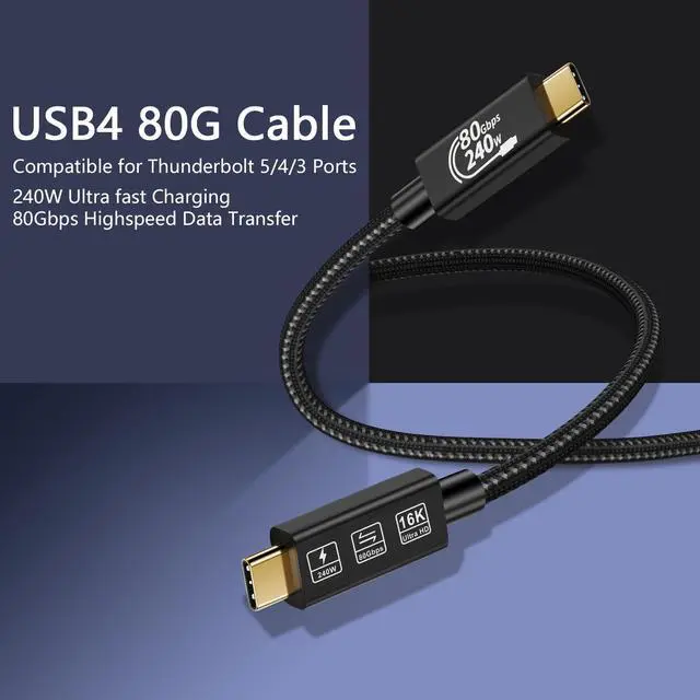 Alt view image 2 of 7 - USB4 Cable, with Thunderbolt 5 Cable, 240 W Charging Cable, 80 Gbps Data Cable, gen4 cable,16K@60Hz 4K120Hz HDR, USB C to USB C Cable, for Hub, Dock, M2, M3, SSD, Laptops, Monitor (TB5 80G 240W 0.5M)