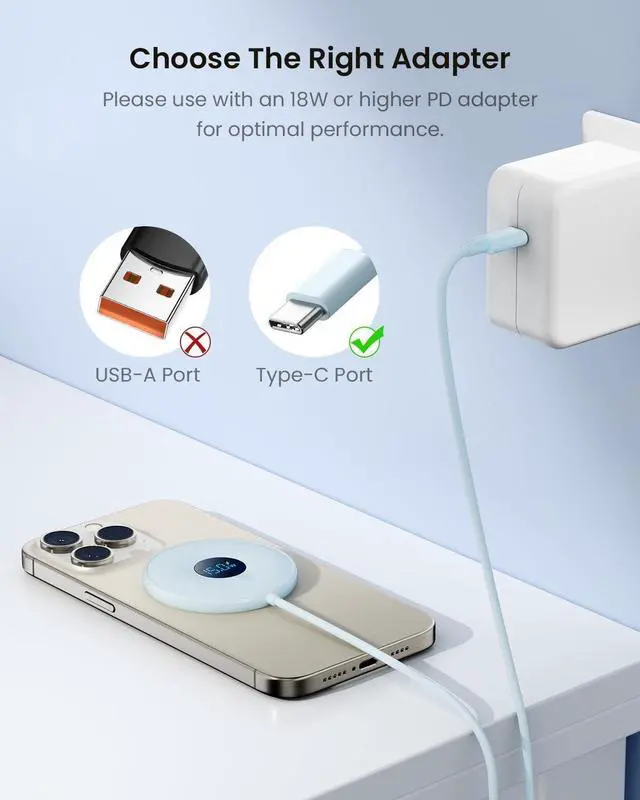 Alt view image 5 of 7 - 15W Magnetic Wireless Charger with LED Power Display, Magnetic Charger, for iPhone 16/15/14/13/12 Series, , Airpods 2/3/pro/pro 2(Adapter Not Included) (Blue)