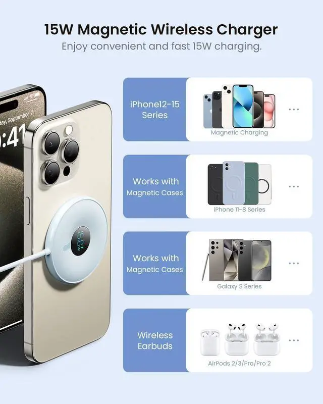 Alt view image 6 of 7 - 15W Magnetic Wireless Charger with LED Power Display, Magnetic Charger, for iPhone 16/15/14/13/12 Series, , Airpods 2/3/pro/pro 2(Adapter Not Included) (Blue)