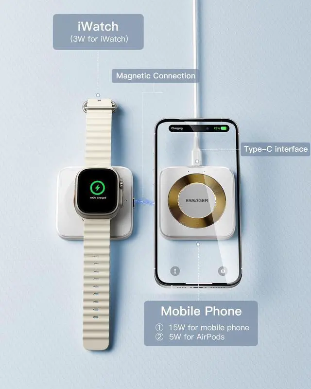 Alt view image 2 of 7 - 2 in 1 Wireless Charging Station Magnetic Detachable, Wireless Magnetic Charger for Apple, Compatible with iPhone 15/14/13/12, Airpods 3/2/Pro, iWatch(White)