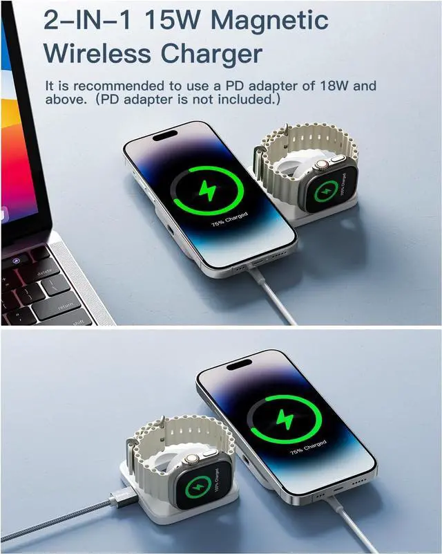 Alt view image 3 of 7 - 2 in 1 Wireless Charging Station Magnetic Detachable, Wireless Magnetic Charger for Apple, Compatible with iPhone 15/14/13/12, Airpods 3/2/Pro, iWatch(White)