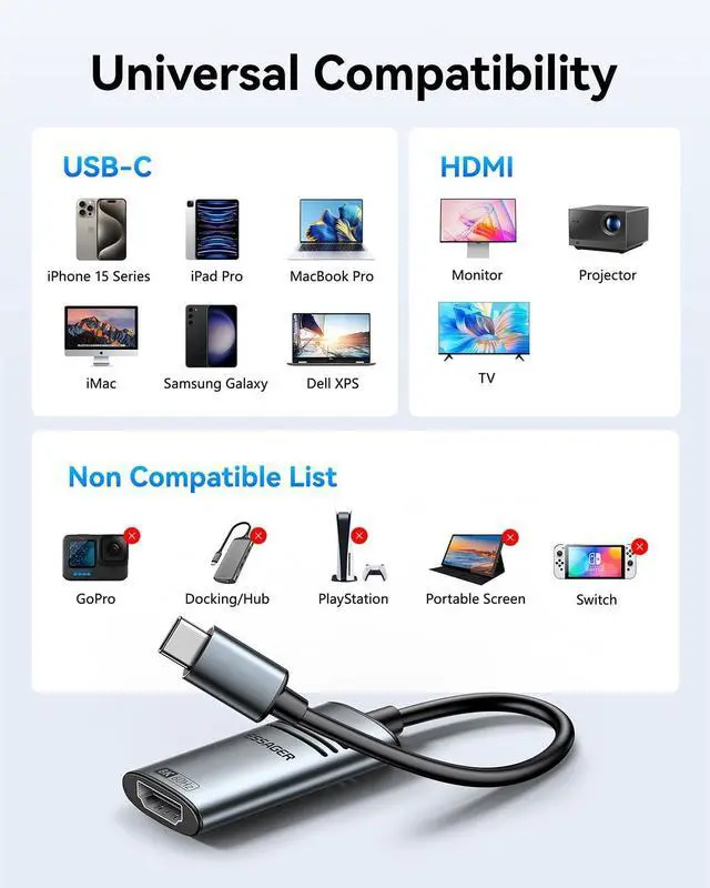 Alt view image 3 of 7 - USB C to HDMI 2.1 Adapter 8K@60Hz 4K@144Hz Aluminum Type-C to HDMI Cable, Compatible with Thunderbolt 4 3 Support 48Gbps/HDCP2.3/HDR for Laptop, Tablet