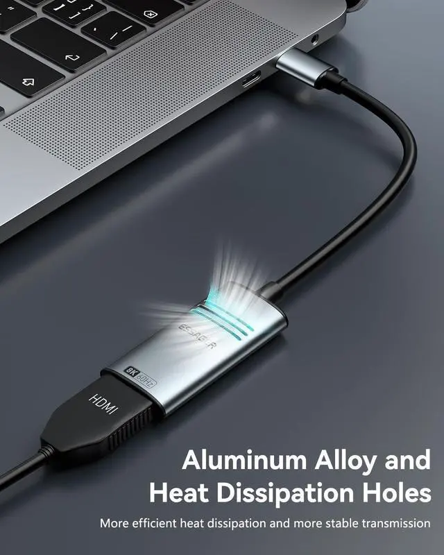 Alt view image 5 of 7 - USB C to HDMI 2.1 Adapter 8K@60Hz 4K@144Hz Aluminum Type-C to HDMI Cable, Compatible with Thunderbolt 4 3 Support 48Gbps/HDCP2.3/HDR for Laptop, Tablet