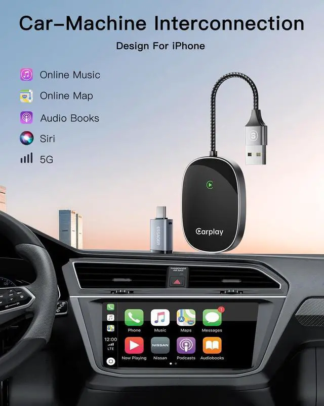 Alt view image 6 of 7 - Wireless CarPlay Adapter for iPhone, Universal, Converts Wired to Wireless CarPlay Dongle, Plug & Play Compatible with BMW, Lexus, Ford, Benz, Audi, Volvo, and More - iOS 10+ Supported