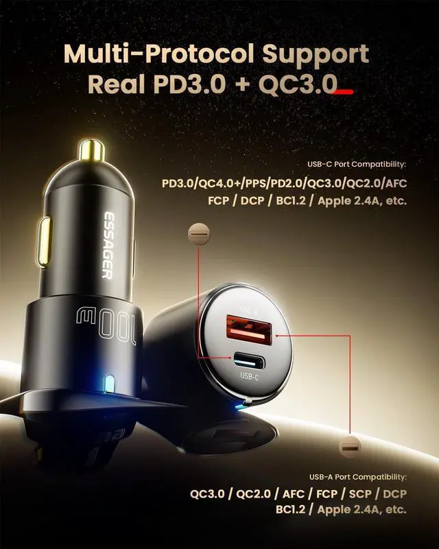 Alt view image 3 of 7 - 100W USB C Car Charger, 2-Port USB-C & USB-A Fast Charging Cigarette Lighter Adapter PD3.0/PPS/QC3.0 All Metal Type C Car Charger for iPhone 16/15/14/13 Pro Max,  Galaxy, iPad, MacBook