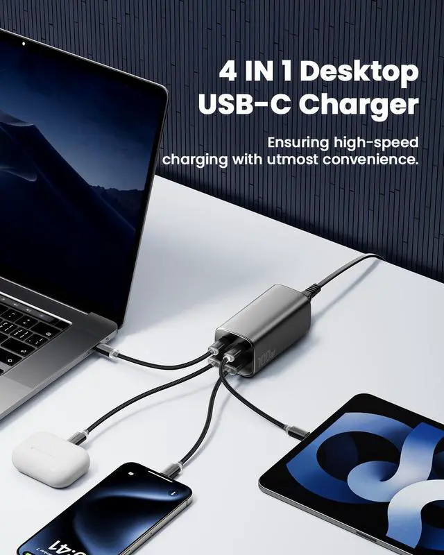 Alt view image 4 of 7 - USB C Charger 100W GaN Charger Fast USB C Charging Station 4 Ports 100W Laptop Travel Power Strip for MacBook Pro/Air/iPad Pro/iPhone/