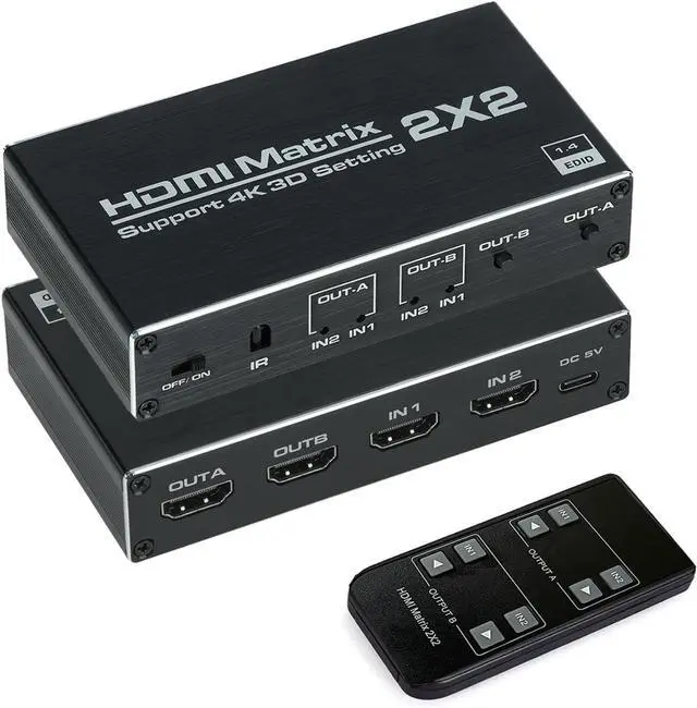 Main image of HDMI Matrix 2x2, HDMI Matrix Switch 2 in 2 Out Switcher Splitter Box with IR Remote Control, Support Ultra 4K@60Hz YUV 4:2:0, 4K@30Hz, 3D, 1080PHDMI 1.4, HDCP 1.4