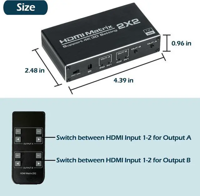Alt view image 6 of 7 - HDMI Matrix 2x2, HDMI Matrix Switch 2 in 2 Out Switcher Splitter Box with IR Remote Control, Support Ultra 4K@60Hz YUV 4:2:0, 4K@30Hz, 3D, 1080PHDMI 1.4, HDCP 1.4