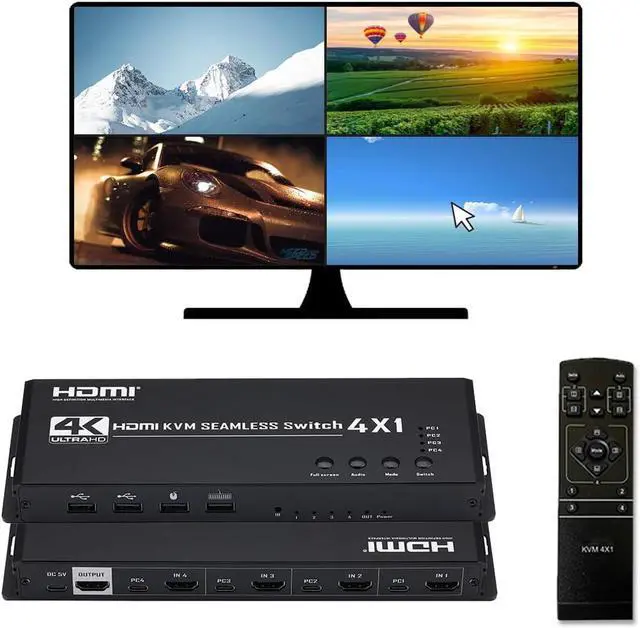 Main image of HDMI MultiViewer 4x1 with KVM Function, 4K@30Hz Quad Seamless HDMI Switch Share 4 Computers simultaneously, Support ONE Set of Keyboard/Mouse/Monitor Control 4 PCs