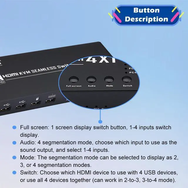 Alt view image 6 of 7 - HDMI MultiViewer 4x1 with KVM Function, 4K@30Hz Quad Seamless HDMI Switch Share 4 Computers simultaneously, Support ONE Set of Keyboard/Mouse/Monitor Control 4 PCs