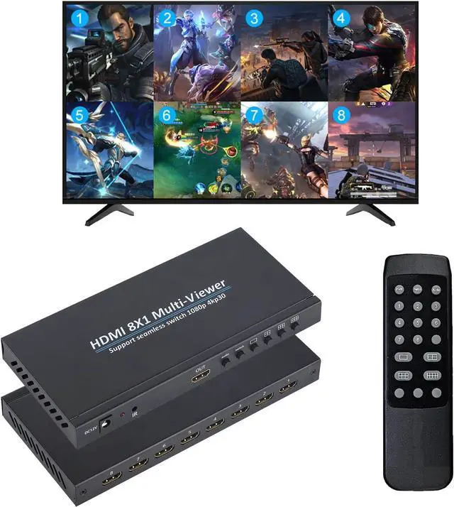 Main image of HDMI Quad MultiViewer 8x1, Seamless Switcher 8 in 1 Out with IR Remote Control, Support 1080p 4K@30Hz and 6 Viewing Modes