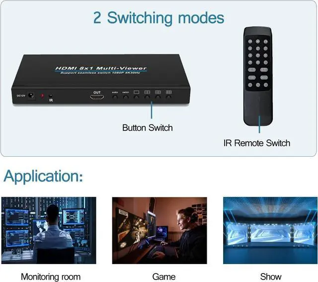Alt view image 7 of 7 - HDMI Quad MultiViewer 8x1, Seamless Switcher 8 in 1 Out with IR Remote Control, Support 1080p 4K@30Hz and 6 Viewing Modes