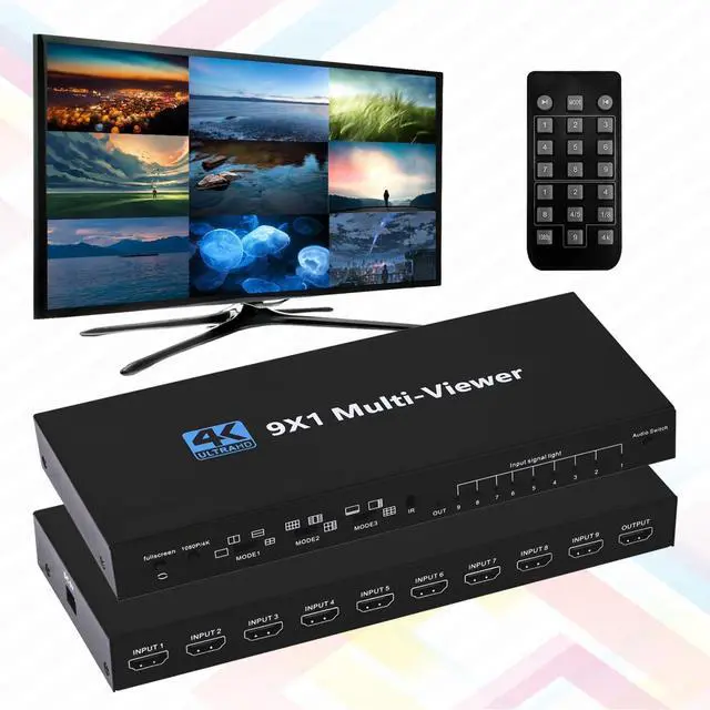 Main image of HDMI MultiViewer Switch 9x1, Seamless HDMI Quad MultiViewer Switcher 9 in 1 Out with IR Remote Control, Support 1080P@60Hz and 10 Viewing Modes