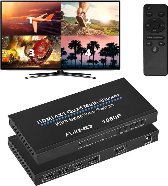 Main image of HDMI Multi-Switcher 4X1, HDMI Quad Seamless Switcher 4 in 1 Out with IR Remote Control, Support 1080P and 5 Display Modes for Security Camera, Gaming Consoles