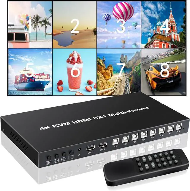 Main image of HDMI MultiViewer 8x1 with KVM Function, 4K@30Hz HDMI Quad MultiViewer Share 8 Computers simultaneously, Allowing Them to Share a Set of Keyboard and Mouse simultaneously, with IR Remote Control